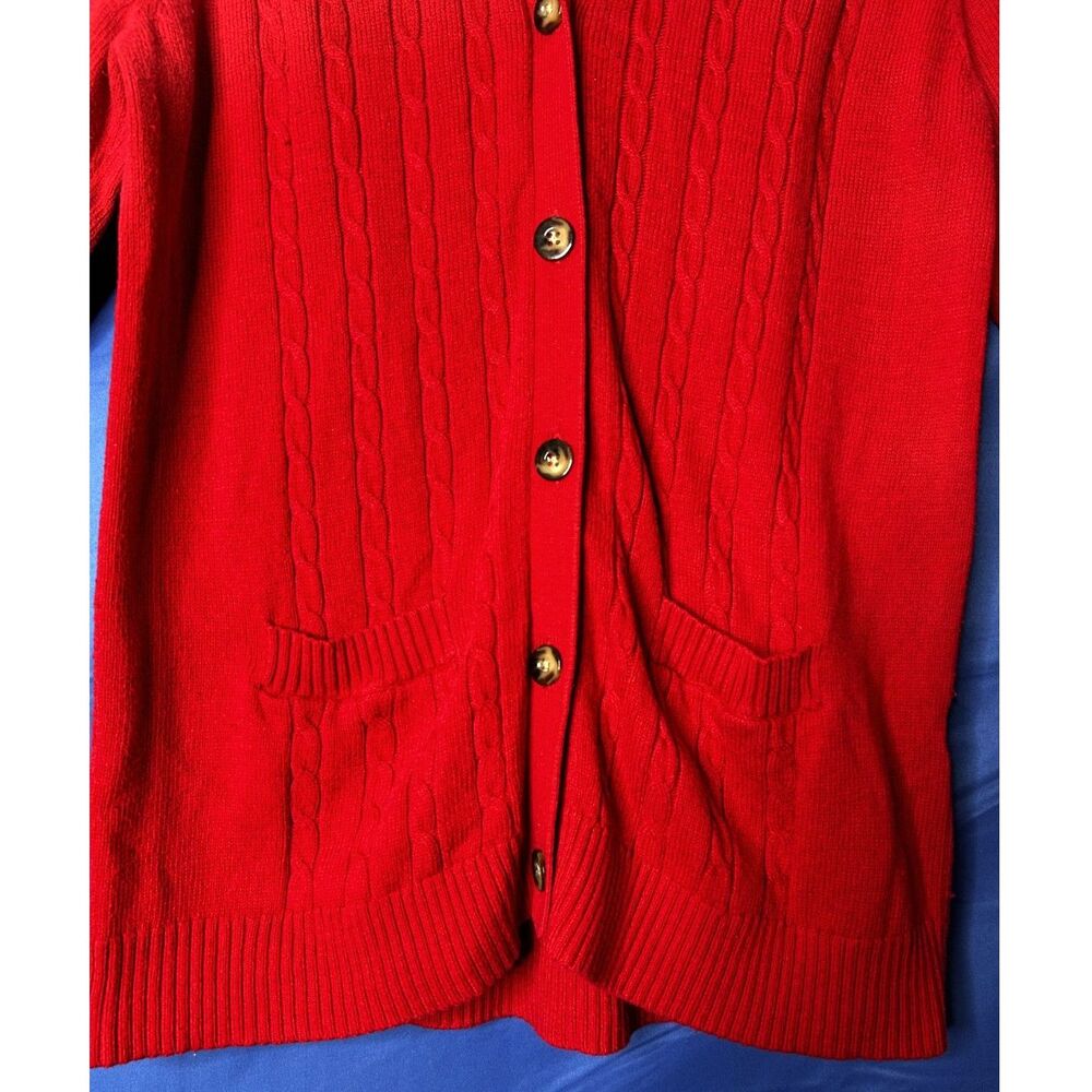 Lands End Womens Red Cable Knit Cardigan Sweater L Preppy Classic Academia Wool - Picture 5 of 12